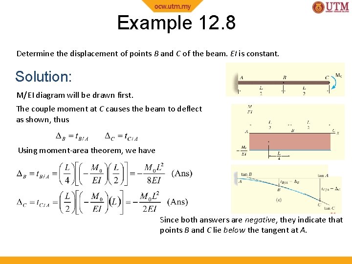 Example 12. 8 Determine the displacement of points B and C of the beam. Example 12. 8 Determine the displacement of points B and C of the beam.