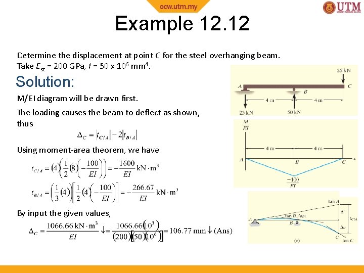 Example 12. 12 Determine the displacement at point C for the steel overhanging beam.