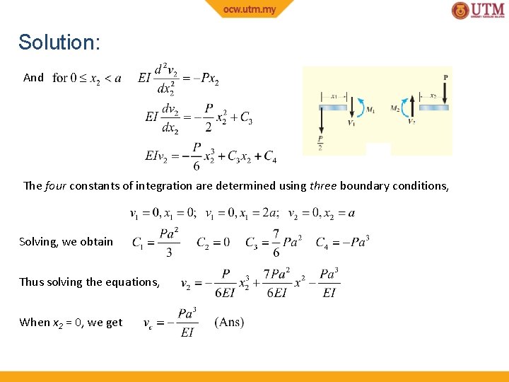 Solution: And The four constants of integration are determined using three boundary conditions, Solving, Solution: And The four constants of integration are determined using three boundary conditions, Solving,