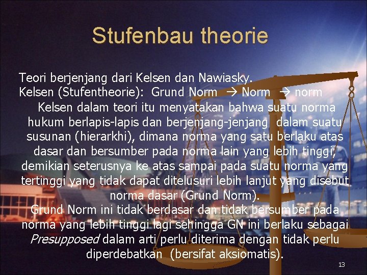 Stufenbau theorie Teori berjenjang dari Kelsen dan Nawiasky. Kelsen (Stufentheorie): Grund Norm norm Kelsen