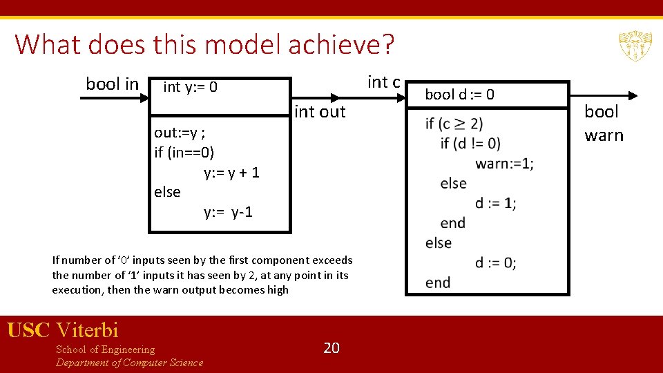 What does this model achieve? bool in int c int y: = 0 out: