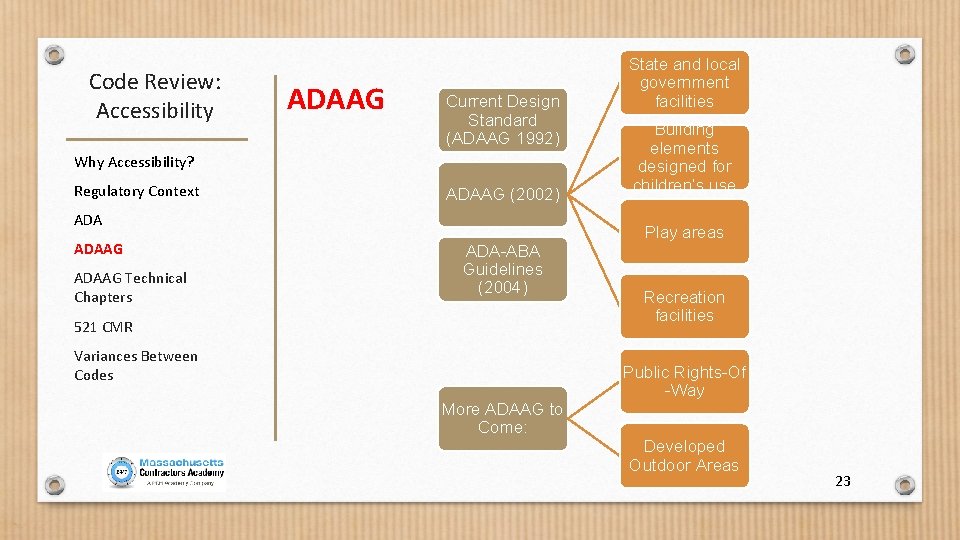 Code Review: Accessibility ADAAG Current Design Standard (ADAAG 1992) Why Accessibility? Regulatory Context ADAAG