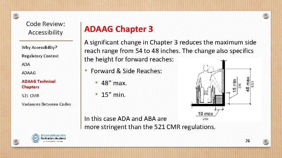 Code Review: Accessibility Why Accessibility? Regulatory Context ADAAG Technical Chapters 521 CMR ADAAG Chapter