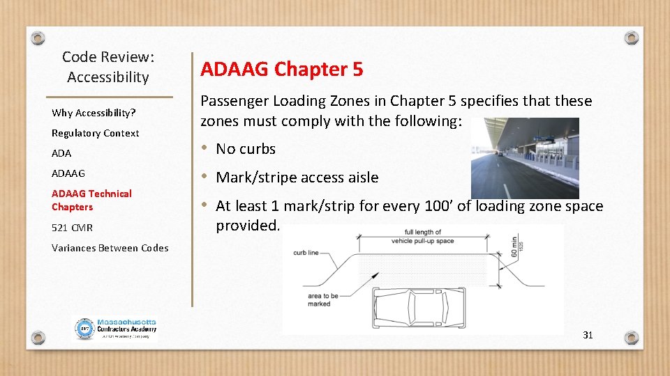 Code Review: Accessibility Why Accessibility? Regulatory Context ADAAG Technical Chapters 521 CMR ADAAG Chapter