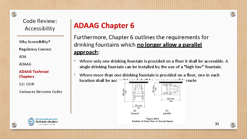 Code Review: Accessibility Why Accessibility? Regulatory Context ADAAG Technical Chapters 521 CMR ADAAG Chapter