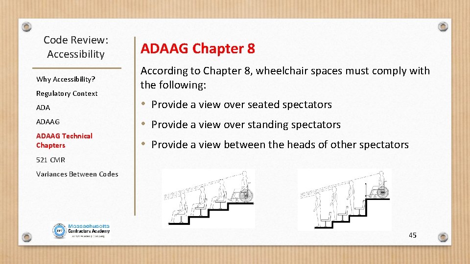 Code Review: Accessibility Why Accessibility? Regulatory Context ADAAG Technical Chapters ADAAG Chapter 8 According