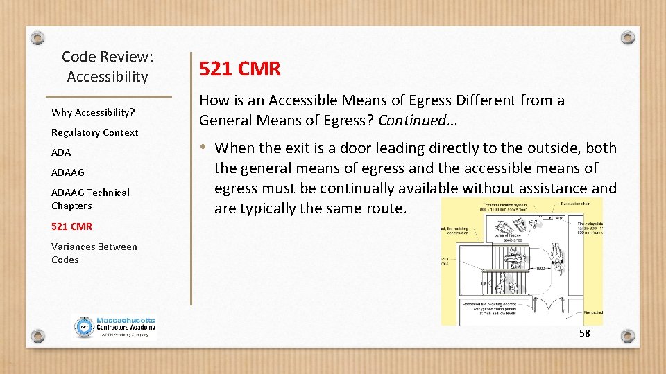 Code Review: Accessibility Why Accessibility? Regulatory Context ADAAG Technical Chapters 521 CMR How is