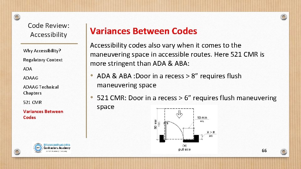 Code Review: Accessibility Why Accessibility? Regulatory Context ADAAG Technical Chapters 521 CMR Variances Between