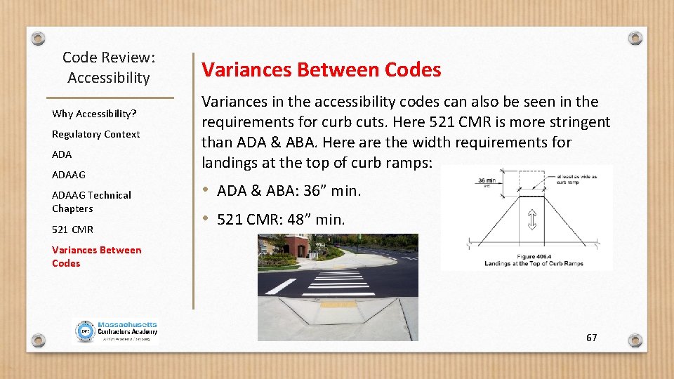 Code Review: Accessibility Why Accessibility? Regulatory Context ADAAG Technical Chapters 521 CMR Variances Between