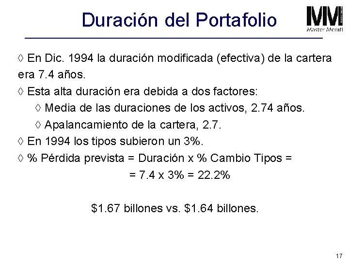 Duración del Portafolio à En Dic. 1994 la duración modificada (efectiva) de la cartera