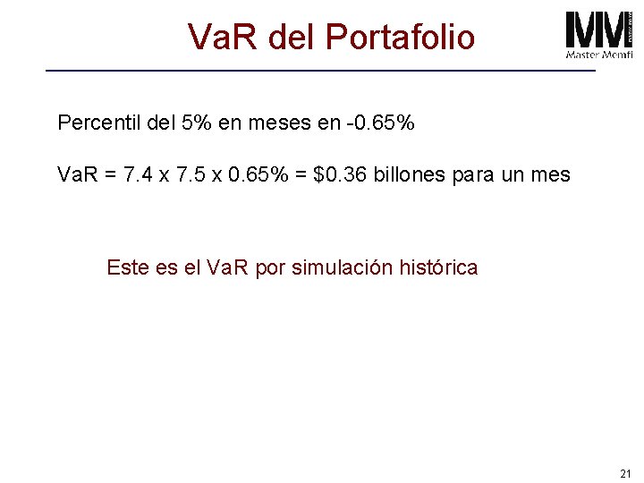 Va. R del Portafolio Percentil del 5% en meses en -0. 65% Va. R