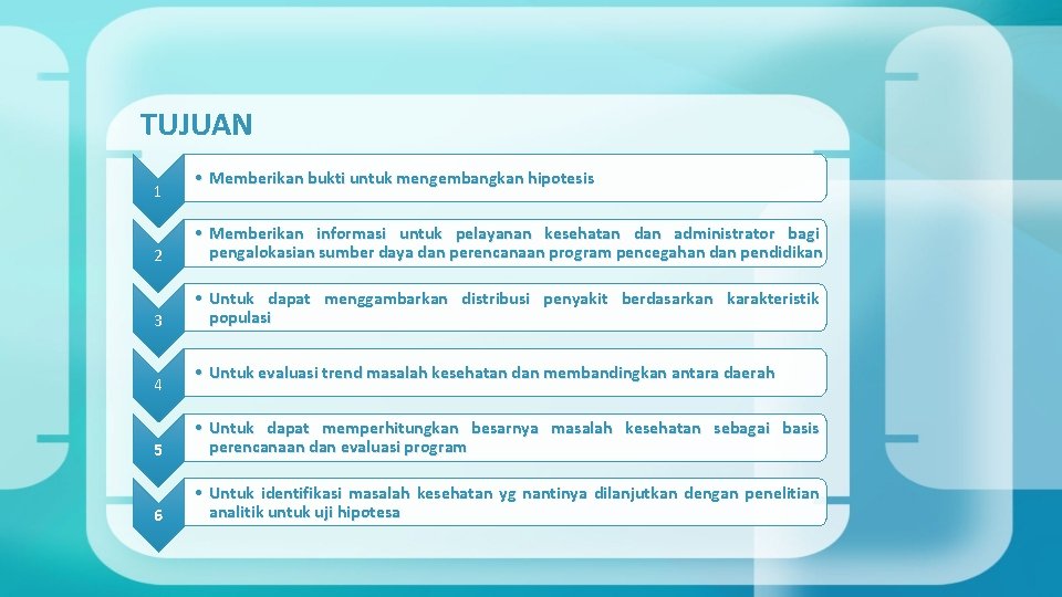 TUJUAN 1 • Memberikan bukti untuk mengembangkan hipotesis 2 • Memberikan informasi untuk pelayanan