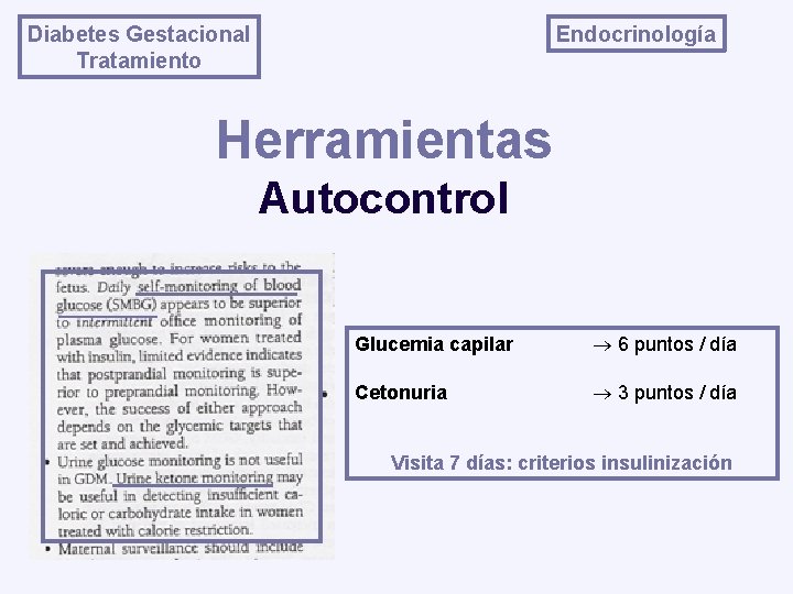 Endocrinología Diabetes Gestacional Tratamiento Herramientas Autocontrol Glucemia capilar 6 puntos / día Cetonuria 3