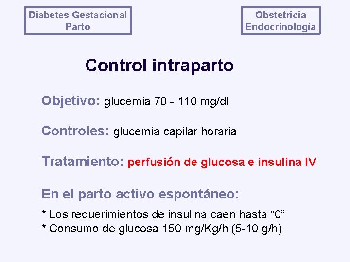 Diabetes Gestacional Parto Obstetricia Endocrinología Control intraparto Objetivo: glucemia 70 - 110 mg/dl Controles: