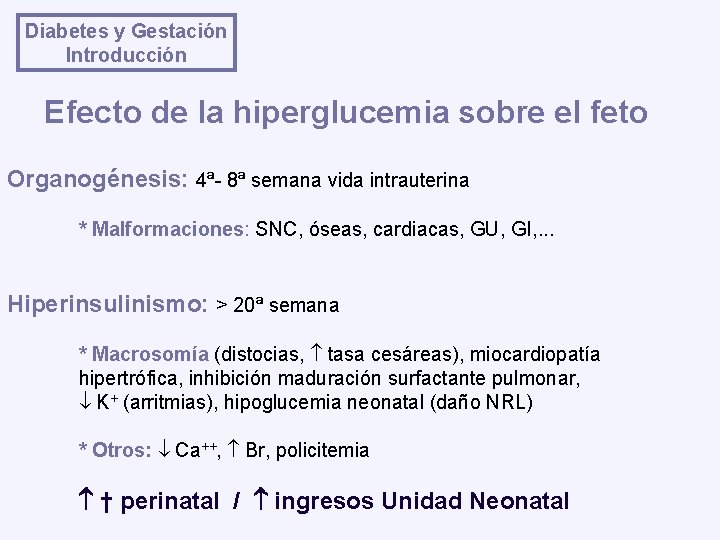 Diabetes y Gestación Introducción Efecto de la hiperglucemia sobre el feto Organogénesis: 4ª- 8ª