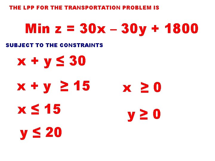 THE LPP FOR THE TRANSPORTATION PROBLEM IS Min z = 30 x – 30