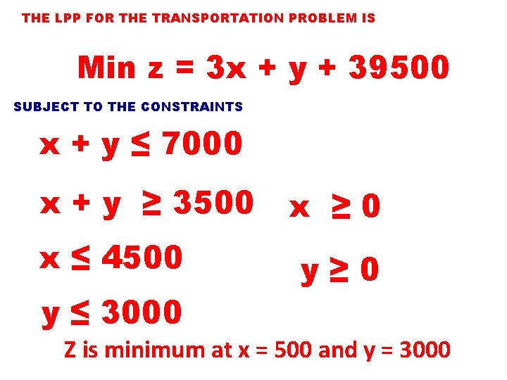 THE LPP FOR THE TRANSPORTATION PROBLEM IS Min z = 3 x + y