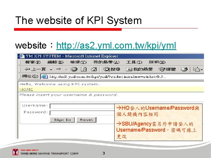 The website of KPI System website：http: //as 2. yml. com. tw/kpi/yml HQ登入的Username/Password與 個人開機內容相同 SBU/Agency需另外申請登入的