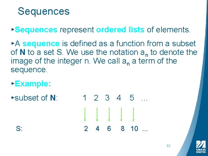 Sequences ▸Sequences represent ordered lists of elements. ▸A sequence is defined as a function