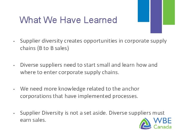 What We Have Learned • • Supplier diversity creates opportunities in corporate supply chains