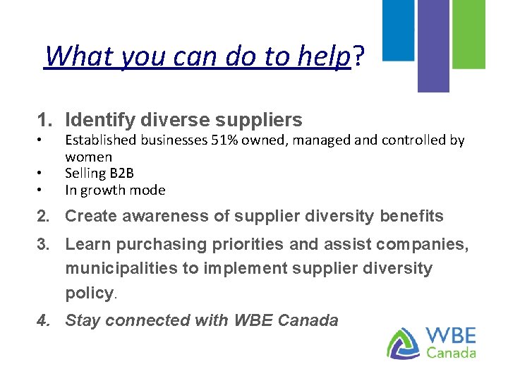 What you can do to help? 1. Identify diverse suppliers • • • Established