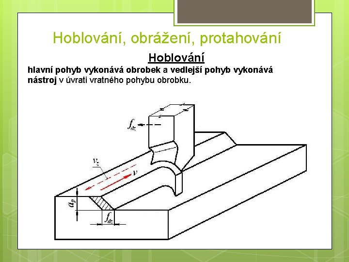 Hoblování, obrážení, protahování Hoblování hlavní pohyb vykonává obrobek a vedlejší pohyb vykonává nástroj v