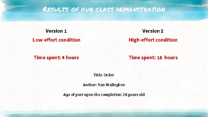 Results of our class demonstration Version 1 Version 2 Low-effort condition High-effort condition Time