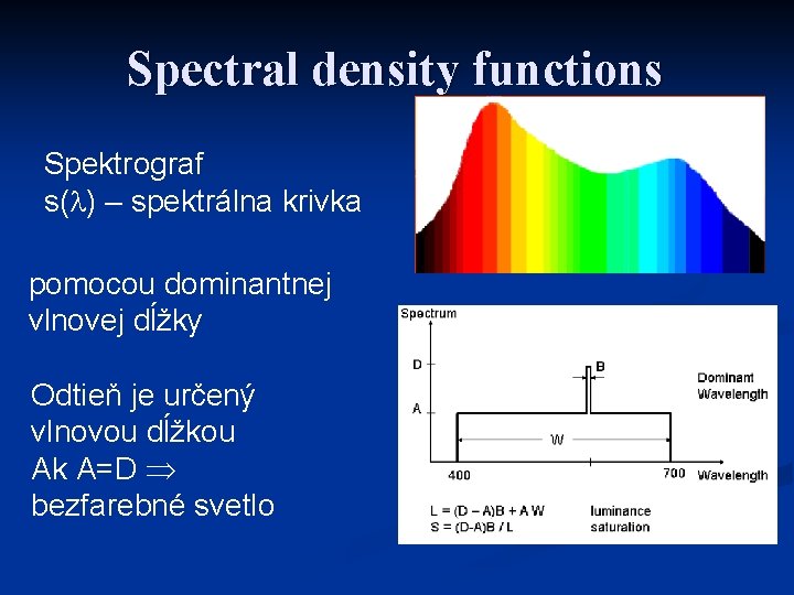 Spectral density functions Spektrograf s( ) – spektrálna krivka pomocou dominantnej vlnovej dĺžky Odtieň