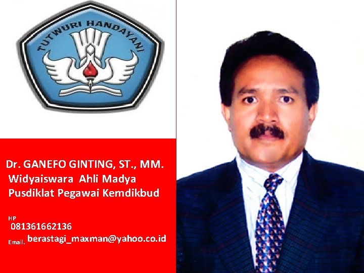 Dr. GANEFO GINTING, ST. , MM. Widyaiswara Ahli Madya Pusdiklat Pegawai Kemdikbud HP 081361662136