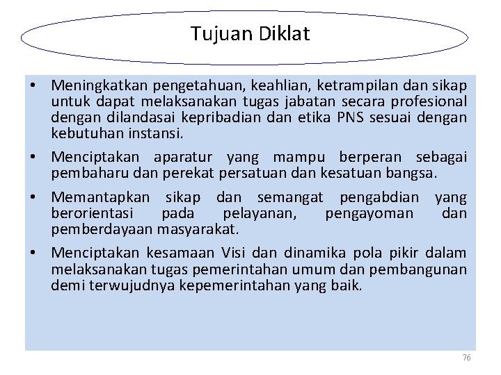 Tujuan Diklat • Meningkatkan pengetahuan, keahlian, ketrampilan dan sikap untuk dapat melaksanakan tugas jabatan