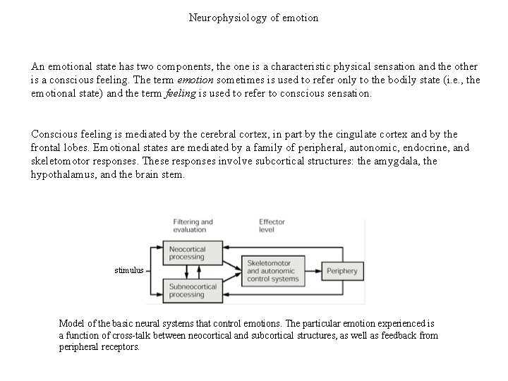 Neurophysiology of emotion An emotional state has two components, the one is a characteristic