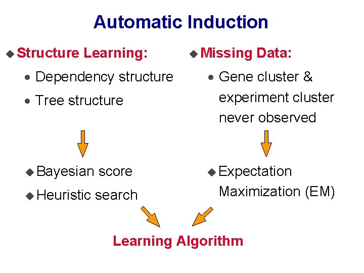 Automatic Induction u Structure Learning: · Dependency structure u Missing Data: · Tree structure