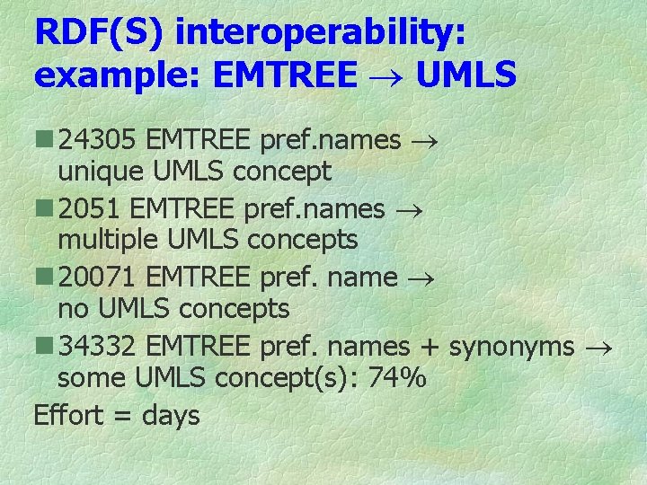 RDF(S) interoperability: example: EMTREE UMLS n 24305 EMTREE pref. names unique UMLS concept n