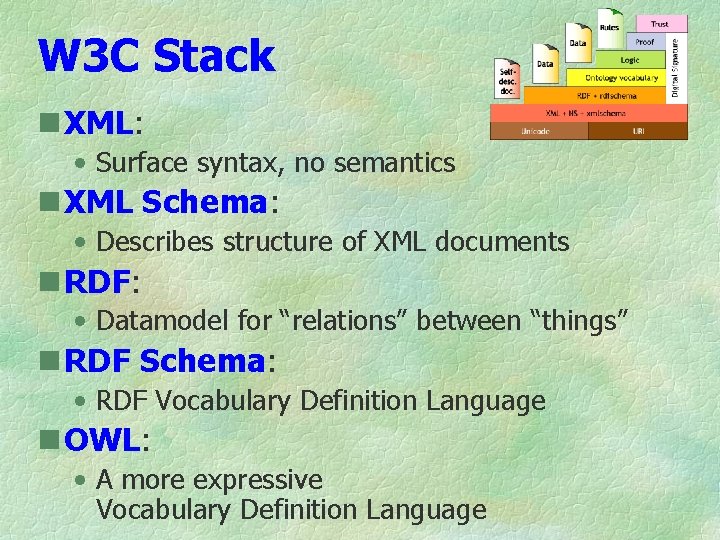 W 3 C Stack n XML: • Surface syntax, no semantics n XML Schema: