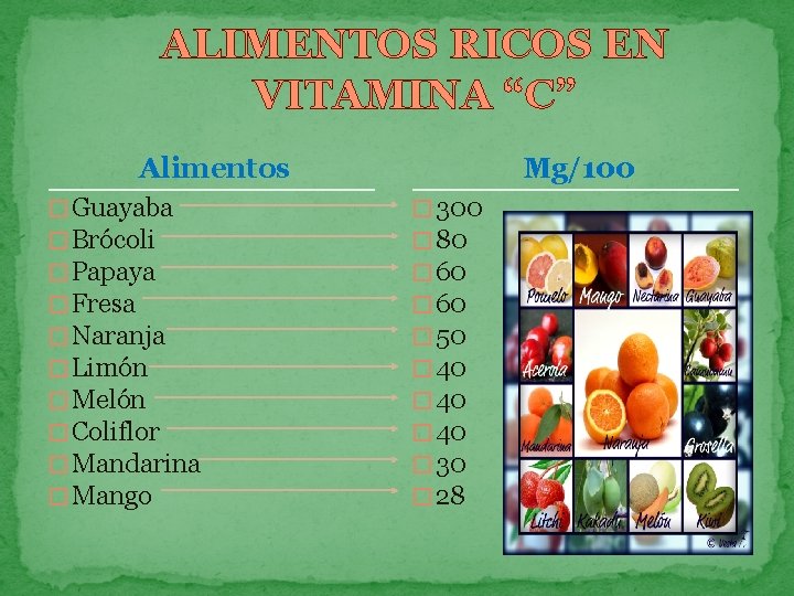 ALIMENTOS RICOS EN VITAMINA “C” Alimentos � Guayaba � Brócoli � Papaya � Fresa