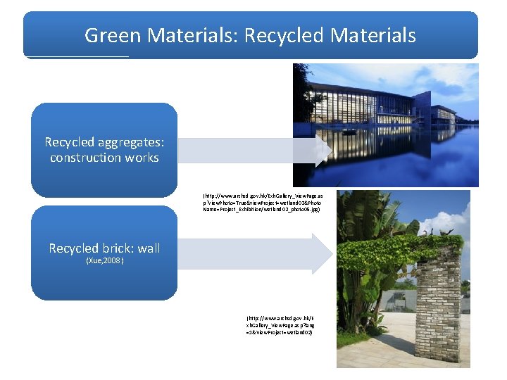 Green Materials: Recycled Materials Recycled aggregates: construction works (http: //www. archsd. gov. hk/Exh. Gallery_View.