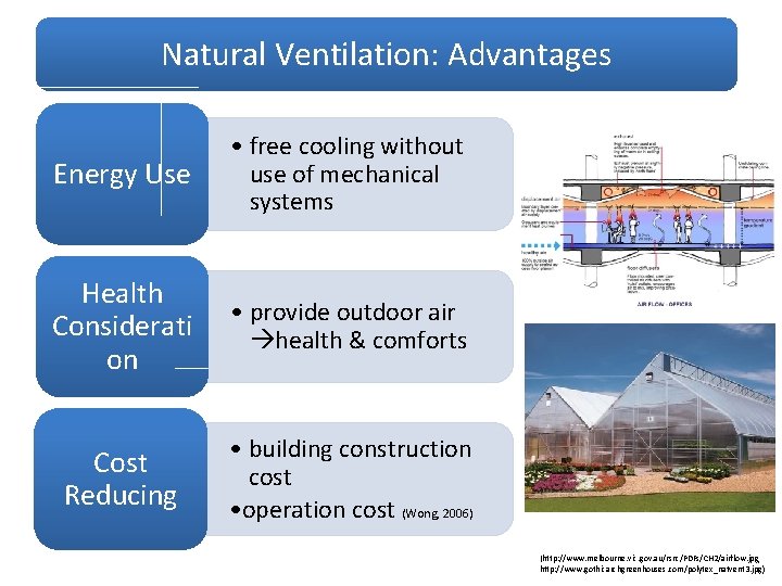 Natural Ventilation: Advantages Energy Use • free cooling without use of mechanical systems Health