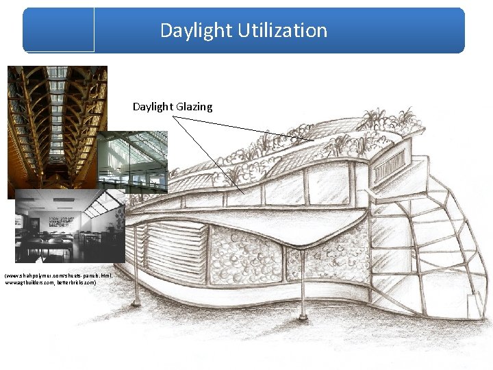 Daylight Utilization Daylight Glazing (www. shahpolymer. com/sheets-panels. html, www. agtbuilders. com, betterbricks. com) 