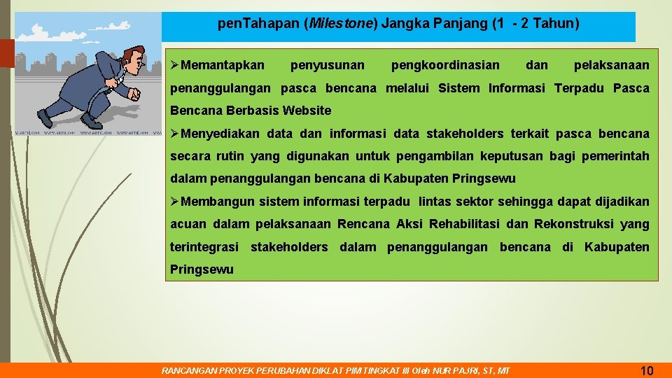 pen. Tahapan (Milestone) Jangka Panjang (1 - 2 Tahun) ØMemantapkan penyusunan pengkoordinasian dan pelaksanaan