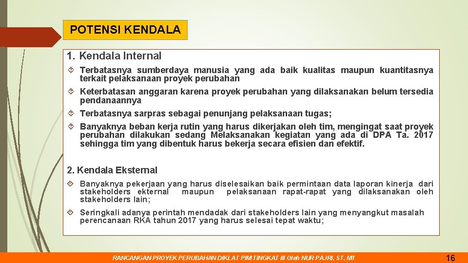 POTENSI KENDALA 1. Kendala Internal Terbatasnya sumberdaya manusia yang ada baik kualitas maupun kuantitasnya POTENSI KENDALA 1. Kendala Internal Terbatasnya sumberdaya manusia yang ada baik kualitas maupun kuantitasnya