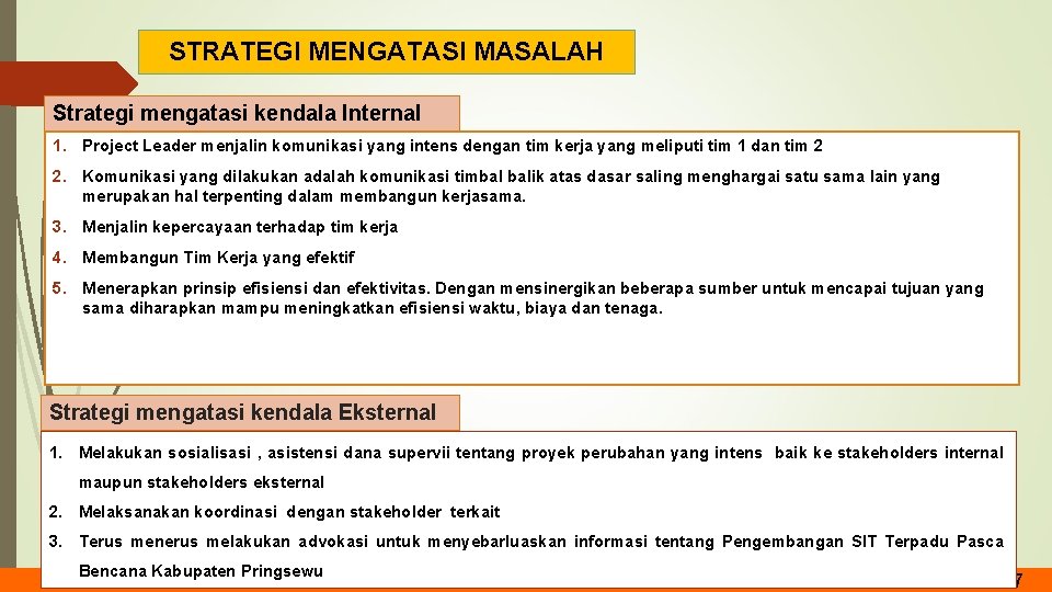 STRATEGI MENGATASI MASALAH Strategi mengatasi kendala Internal 1. Project Leader menjalin komunikasi yang intens STRATEGI MENGATASI MASALAH Strategi mengatasi kendala Internal 1. Project Leader menjalin komunikasi yang intens
