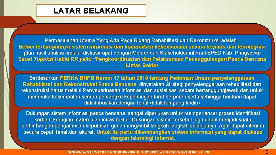 LATAR BELAKANG Permasalahan Utama Yang Ada Pada Bidang Rehabilitasi dan Rekonstruksi adalah : Belum