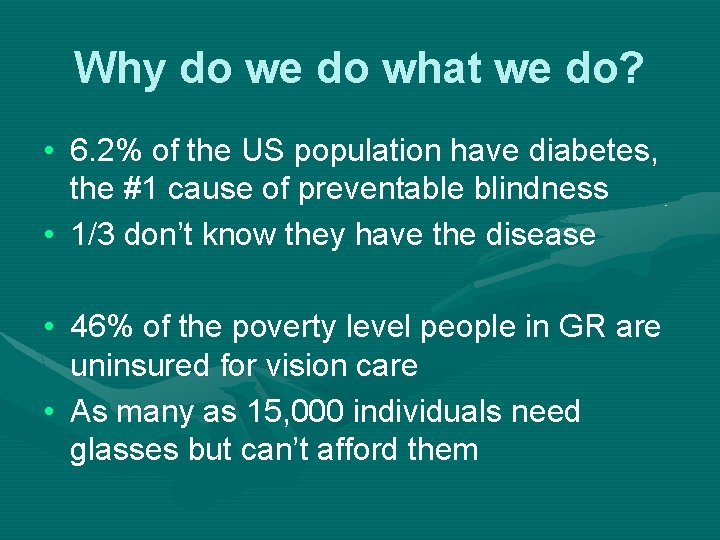 Why do we do what we do? • 6. 2% of the US population