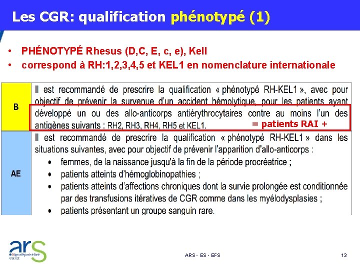  Les CGR: qualification phénotypé (1) • PHÉNOTYPÉ Rhesus (D, C, E, c, e),