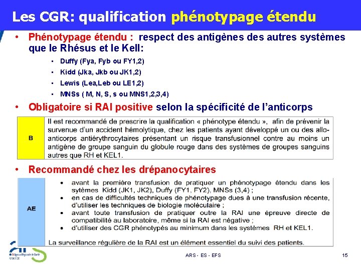  Les CGR: qualification phénotypage étendu • Phénotypage étendu : respect des antigènes des