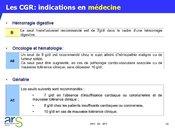  Les CGR: indications en médecine • Hémorragie digestive • Oncologie et hématologie: •