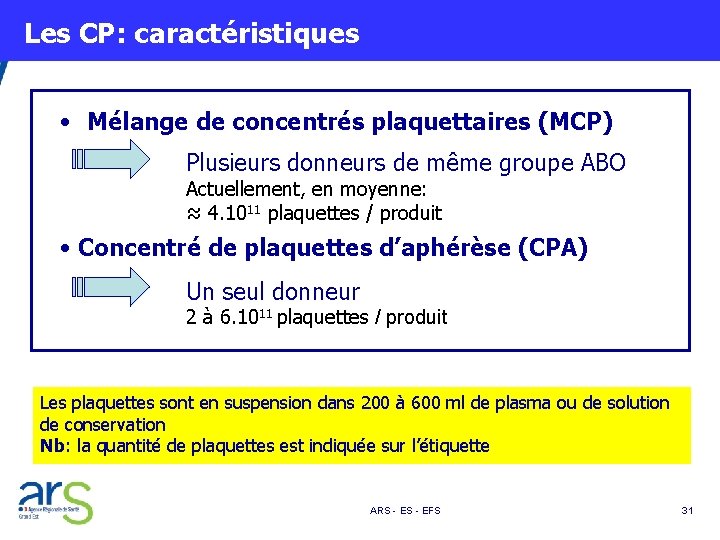  Les CP: caractéristiques • Mélange de concentrés plaquettaires (MCP) Plusieurs donneurs de même