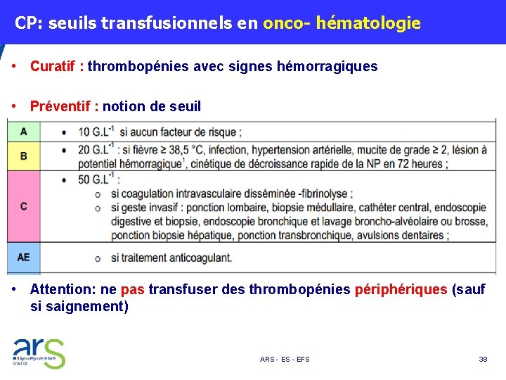  CP: seuils transfusionnels en onco- hématologie • Curatif : thrombopénies avec signes hémorragiques