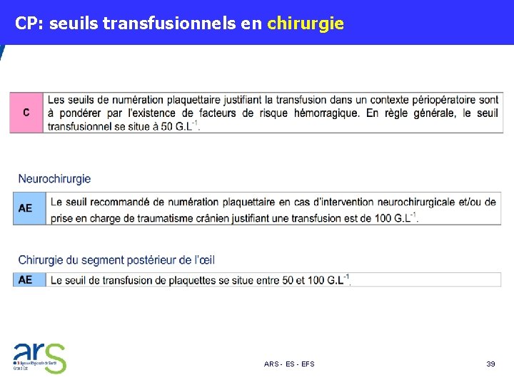  CP: seuils transfusionnels en chirurgie ARS - EFS 39 