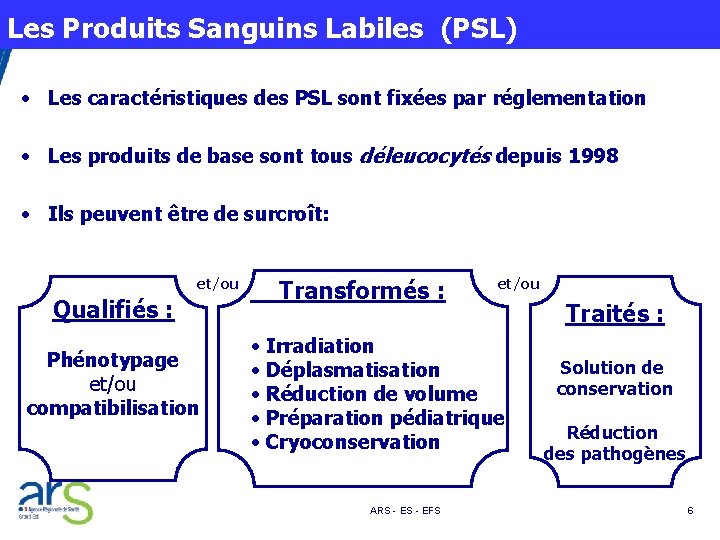 Les Produits Sanguins Labiles (PSL) • Les caractéristiques des PSL sont fixées par réglementation